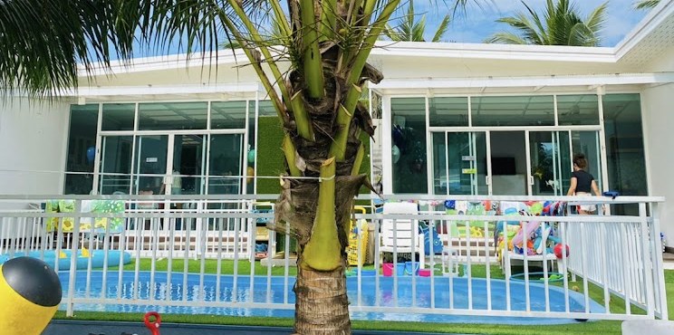 Limpopo kindergarten building with floor-to-ceiling windows, pool and play area under palms in Rawai